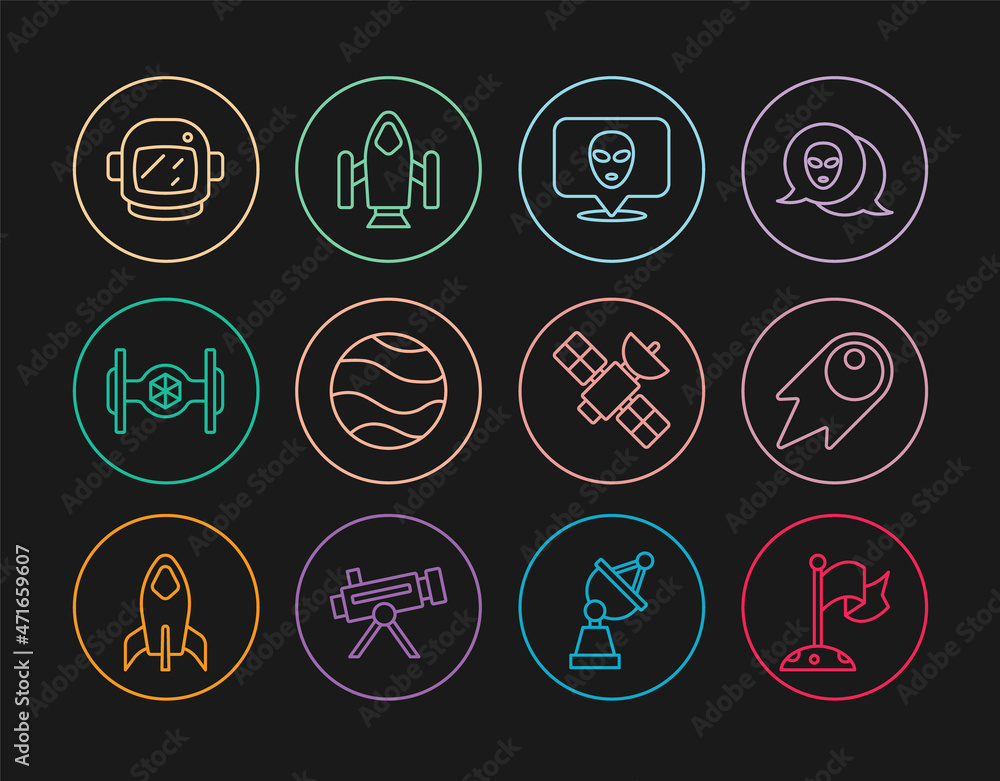 Set line Moon with flag, Comet falling down fast, Alien, Planet, Cosmic ship, Astronaut helmet, Satellite and Rocket icon. Vector