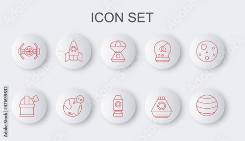 Set line Planet, Astronomical observatory, Space capsule, Cosmic ship, Rocket, Earth globe and icon. Vector