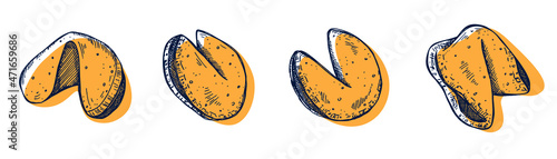 Chinese fortune cookies vector hand drawn set isolated on white backgrounds. Colorful food illustration. Crisp cookie with a blank piece of paper inside. For print, web, design, decor, logo.