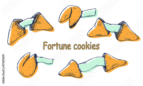 Chinese fortune cookies vector hand drawn set isolated on white backgrounds. Colorful food illustration. Crisp cookie with a blank piece of paper inside. For print, web, design, decor, logo.