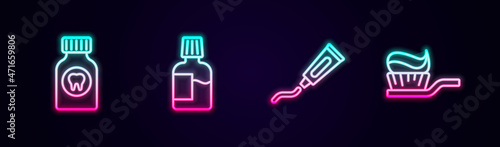 Set line Toothache painkiller tablet, Mouthwash, Tube of toothpaste and Toothbrush with. Glowing neon icon. Vector