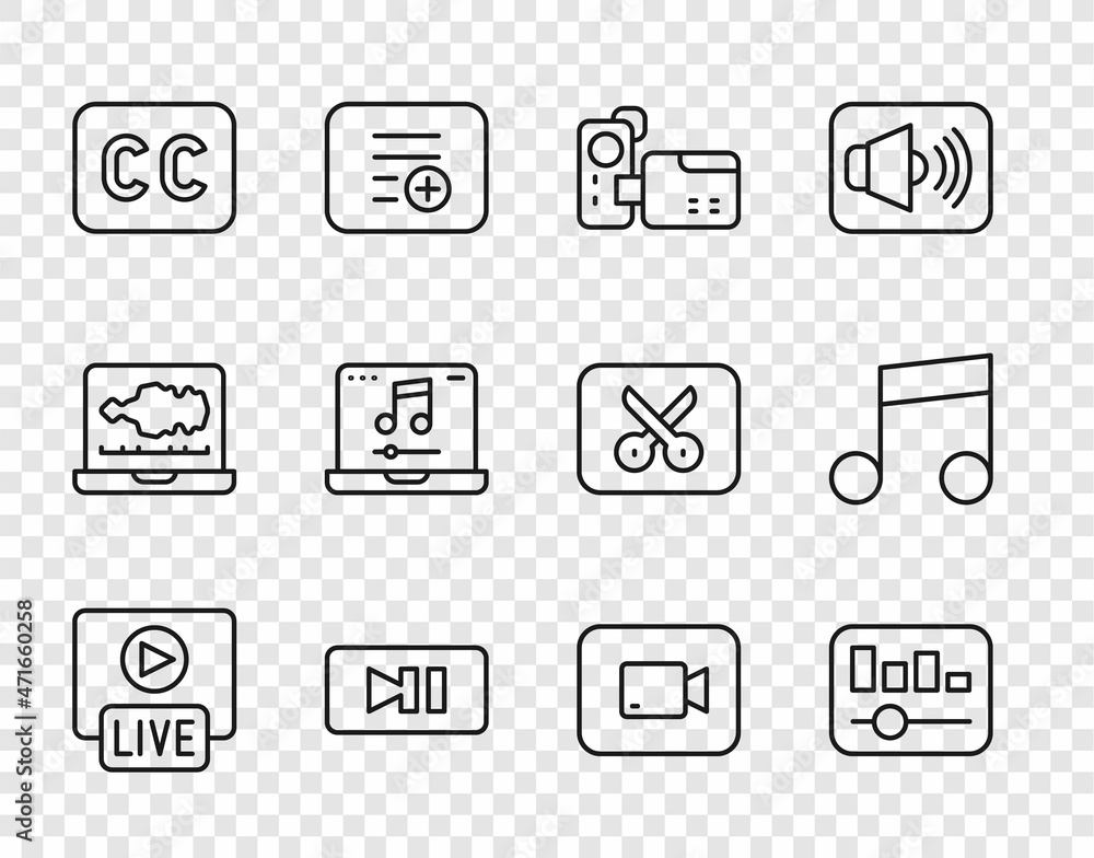 Set line Live stream, Music equalizer, Cinema camera, Pause button, Subtitles, Laptop with music, Play video and note, tone icon. Vector Set line Live stream, Music equalizer, Cinema camera, Pause button, Subtitles, Laptop with music, Play video and note, tone icon. Vector