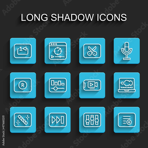 Set line Photo retouching, Fast forward, Repeat track music player, Sound mixer controller, Add playlist, Music equalizer, audio recorder and Online video icon. Vector