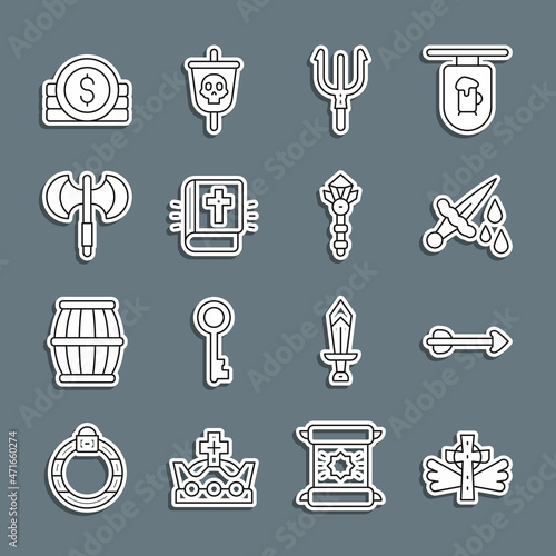 Set line Christian cross, Arrow, Sword with blood, Neptune Trident, Holy bible book, Medieval poleaxe, Ancient coin and Magic wand icon. Vector photo