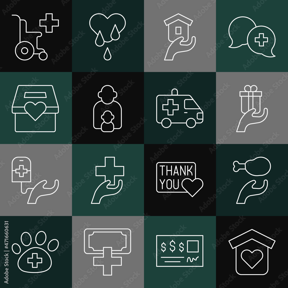 Set line Shelter for homeless, Donation food, Give gift, Taking care of children, and charity, Wheelchair disabled person and Ambulance icon. Vector