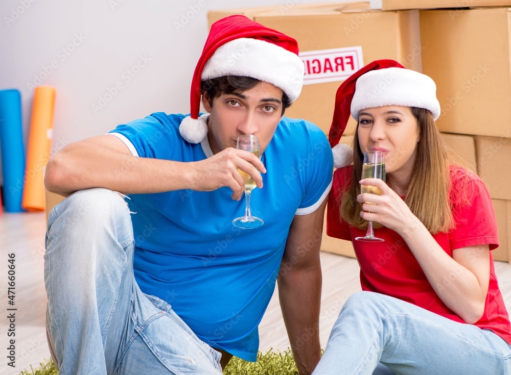 Fototapeta premium Young family celebrating christmas in new home