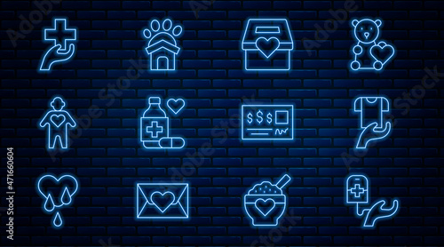 Set line Blood donation, Clothes, Donation and charity, Medicine bottle pills, Volunteer, Heart with cross, Bank check and Animal shelter house icon. Vector