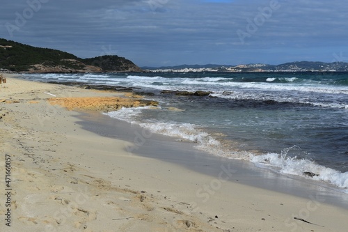  A beach with yellow sand and the sea in the Natural Park Las Salinas, Ibiza