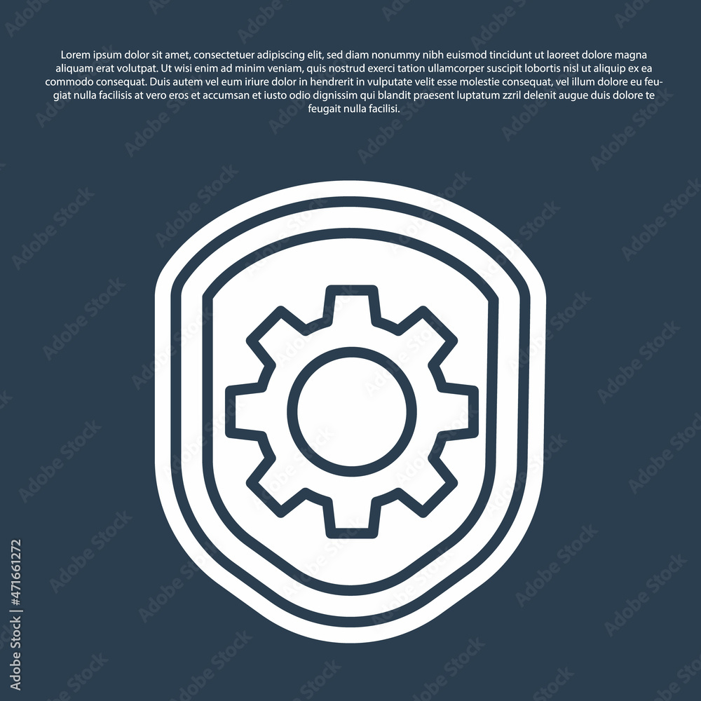 Blue line Shield with settings gear icon isolated on blue background. Adjusting, service, maintenance, repair, fixing. Vector Illustration Blue line Shield with settings gear icon isolated on blue background. Adjusting, service, maintenance, repair, fixing. Vector Illustration