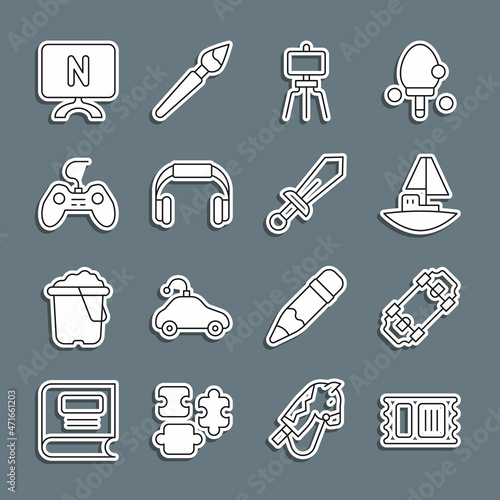 Set line Circus ticket, Skateboard, Toy boat, Wood easel, Headphones, Gamepad, Smart Tv and Sword toy icon. Vector