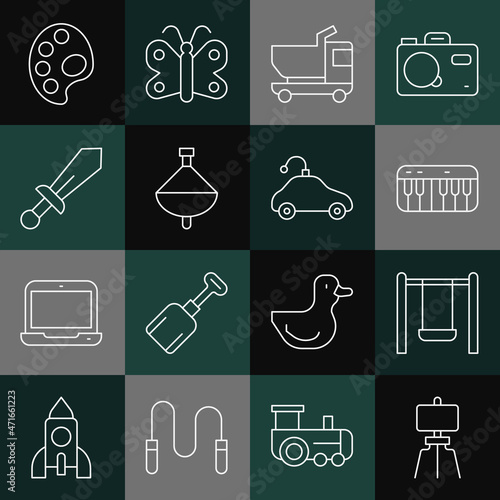 Set line Wood easel, Swing, Music synthesizer, Toy truck, Whirligig toy, Sword, Palette and Radio controlled car icon. Vector