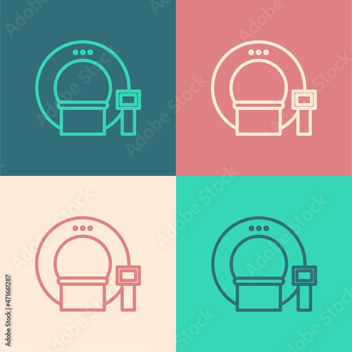 Pop art line Tomography icon isolated on color background. Medical scanner, radiation. Diagnosis, radiology, magnetic resonance therapy. Vector Illustration
