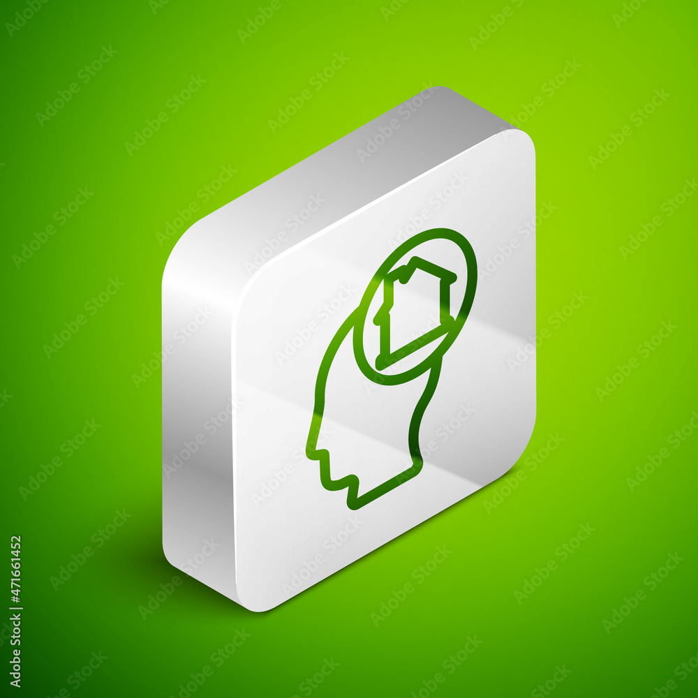 Isometric line Man dreaming about buying a new house icon isolated on green background. Silver square button. Vector Isometric line Man dreaming about buying a new house icon isolated on green background. Silver square button. Vector