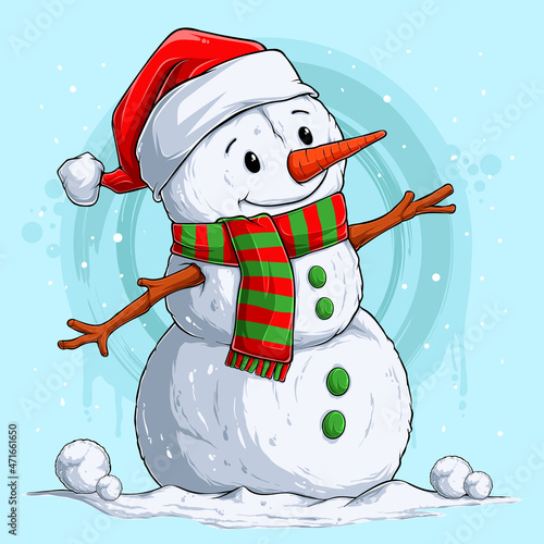 Happy Christmas snowman character wearing Santa Claus hat and scarf