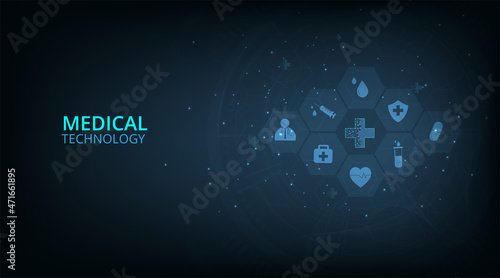 Medical technology network concept design.Icon medical network connection with modern on dark blue background.Health care concept.