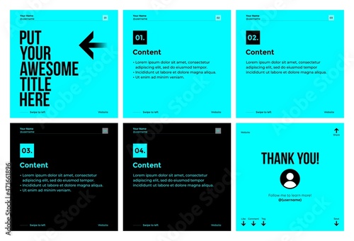 Microblog carousel slides template for instagram. Six pages with flat simple ice blue and black color theme.	