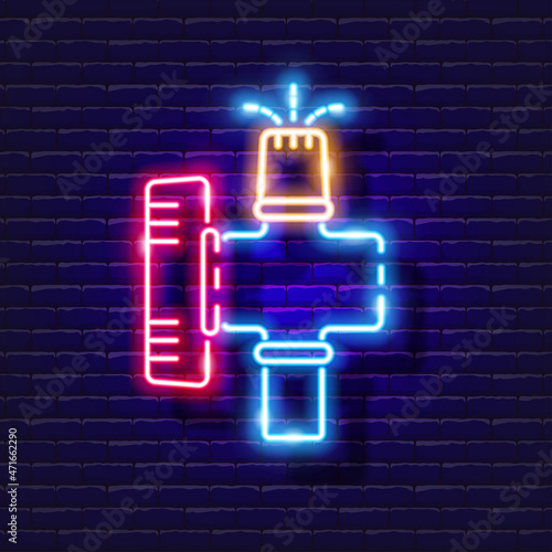 Microjet with faucet for watering neon icon. Irrigation system, watering system, hose and accessories glowing signs. Vector illustration for design, website, advertising, store, goods. photo