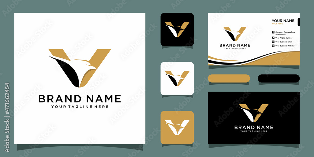 Initial V eagle logo vector design with business card design. Stock ...