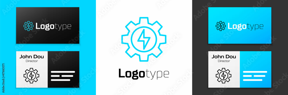 Fototapeta premium Blue line Gear and lightning icon isolated on white background. Electric power. Lightning bolt sign. Logo design template element. Vector