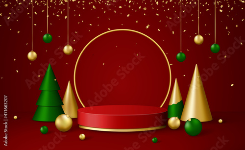 Christmas 3d scene with red and gold podium platform, green and gold Christmas fir trees and balls, confetti.