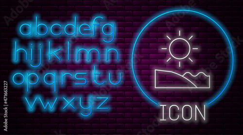 Glowing neon line Beach icon isolated on brick wall background. Tropical beach landscape. Good sunny day. Neon light alphabet. Vector
