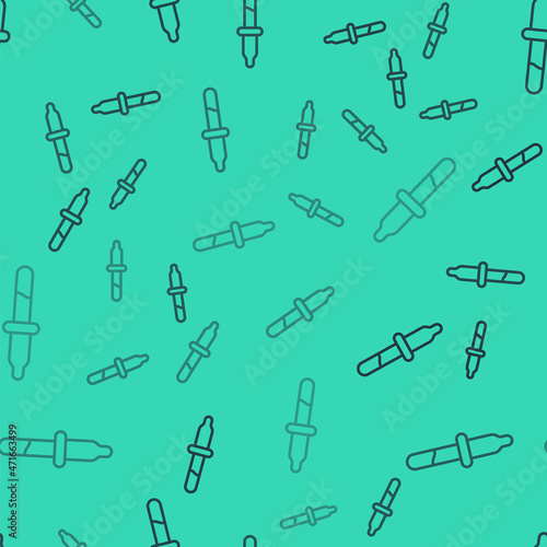Black line Pipette icon isolated seamless pattern on green background. Element of medical, chemistry lab equipment. Medicine symbol. Vector