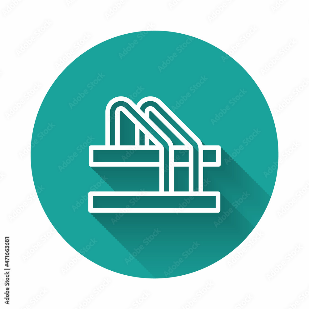 White line Bicycle parking icon isolated with long shadow. Green circle button. Vector White line Bicycle parking icon isolated with long shadow. Green circle button. Vector