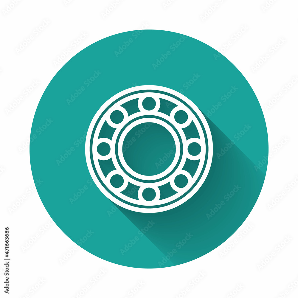 White line Bicycle ball bearing icon isolated with long shadow. Green circle button. Vector White line Bicycle ball bearing icon isolated with long shadow. Green circle button. Vector