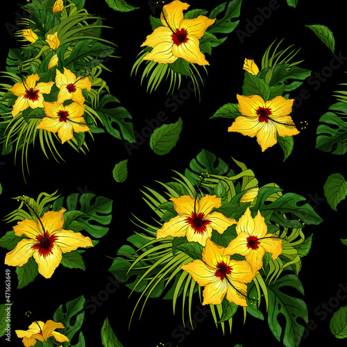 Hibiscus flowers  monstera and palm leaves seamless pattern. Yellow  green and black floral tropical endless texture. Exotic bright boundless background. Summer paradise plants surface design