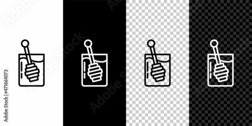 Set line Honey dipper stick icon isolated on black and white, transparent background. Honey ladle. Vector