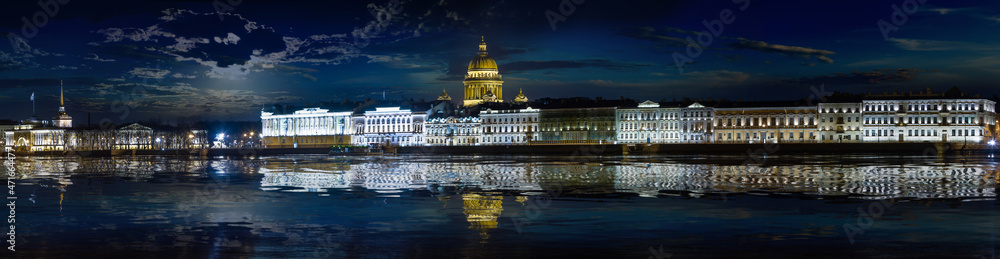 Large-format night panorama of the sights of St. Petersburg