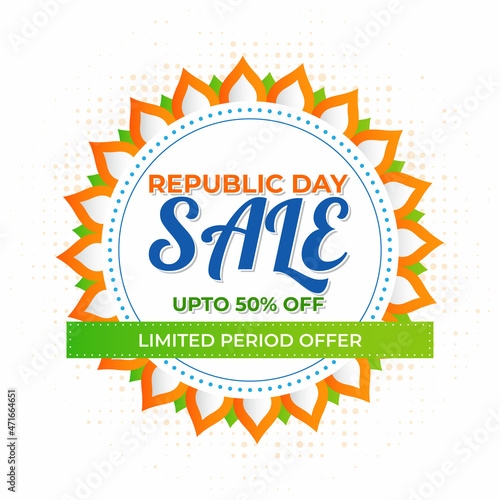 Vector Republic Day Sale banner, 26 January, upto 50% off, balloon , offer template for website and UI.