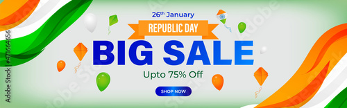 Vector Republic Day Sale banner, 26 January, upto 50% off, balloon , offer template for website and UI.