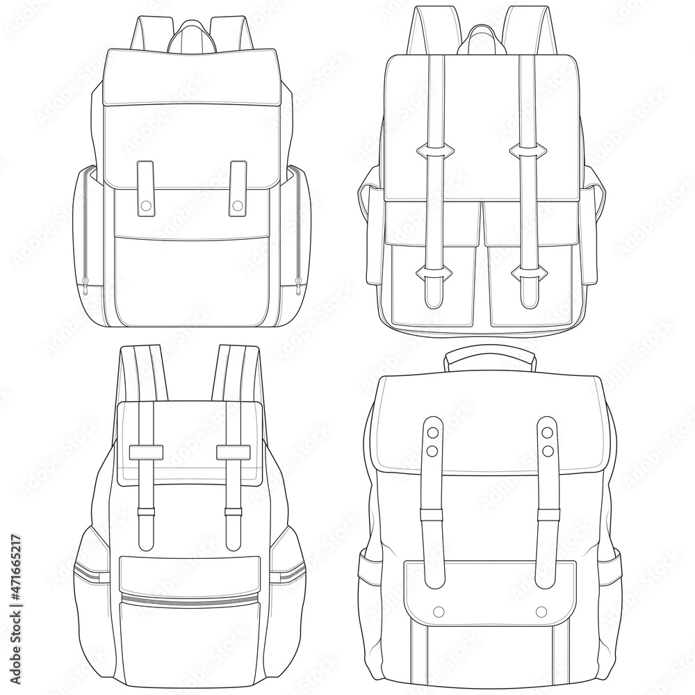 Set of backpack outline drawing vector, set of Backpack in a sketch ...