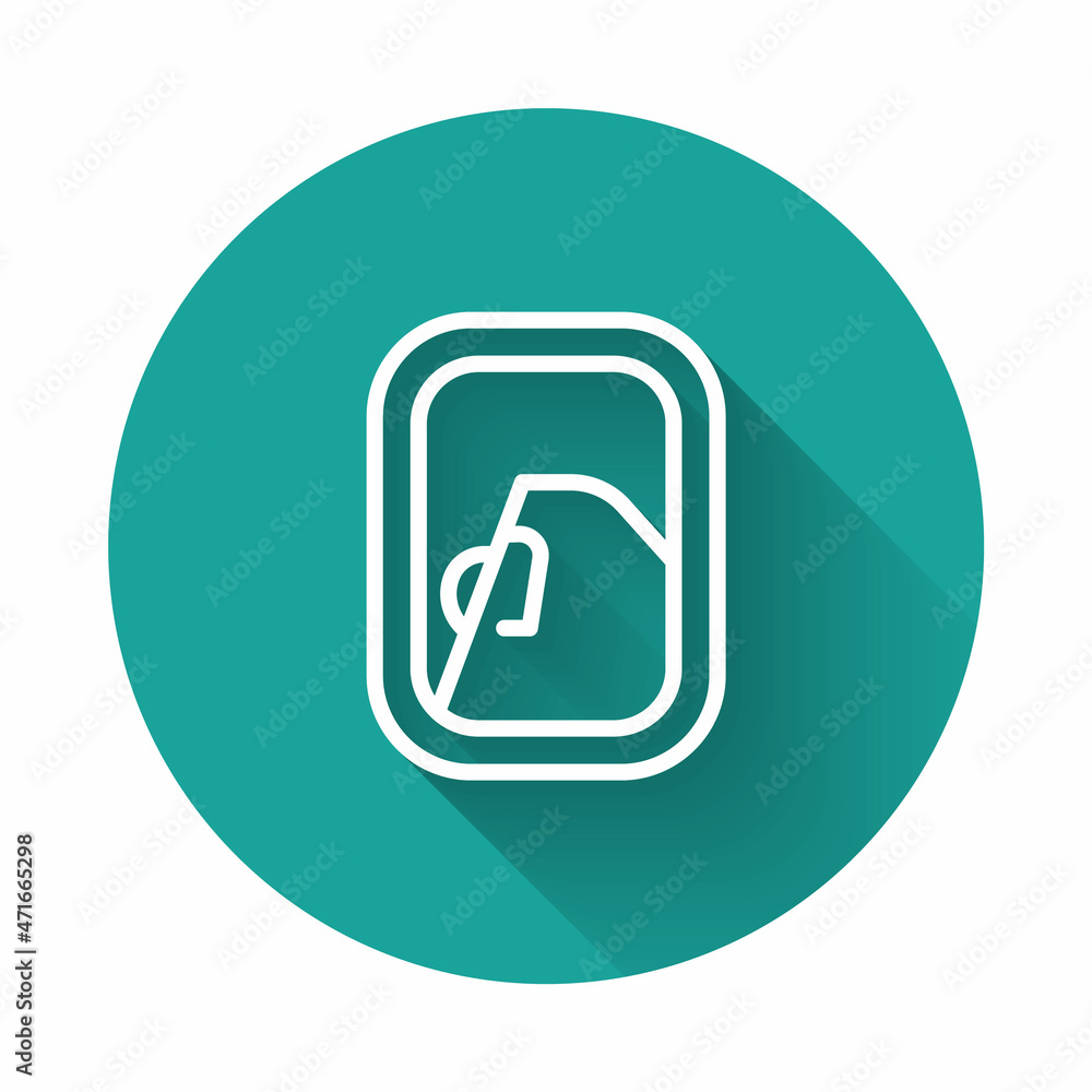 White line Airplane window icon isolated with long shadow background. Aircraft porthole. Green circle button. Vector White line Airplane window icon isolated with long shadow background. Aircraft porthole. Green circle button. Vector