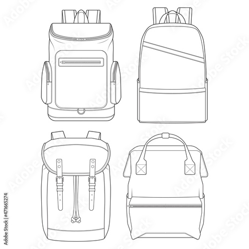 Set of backpack outline drawing vector, set of Backpack in a sketch style, trainers template outline, vector Illustration.
 photo