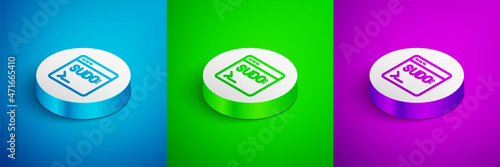 Isometric line Code terminal icon isolated on blue, green and purple background. Browser window with command line. Command panel. Programming coding. Notepad. White circle button. Vector
