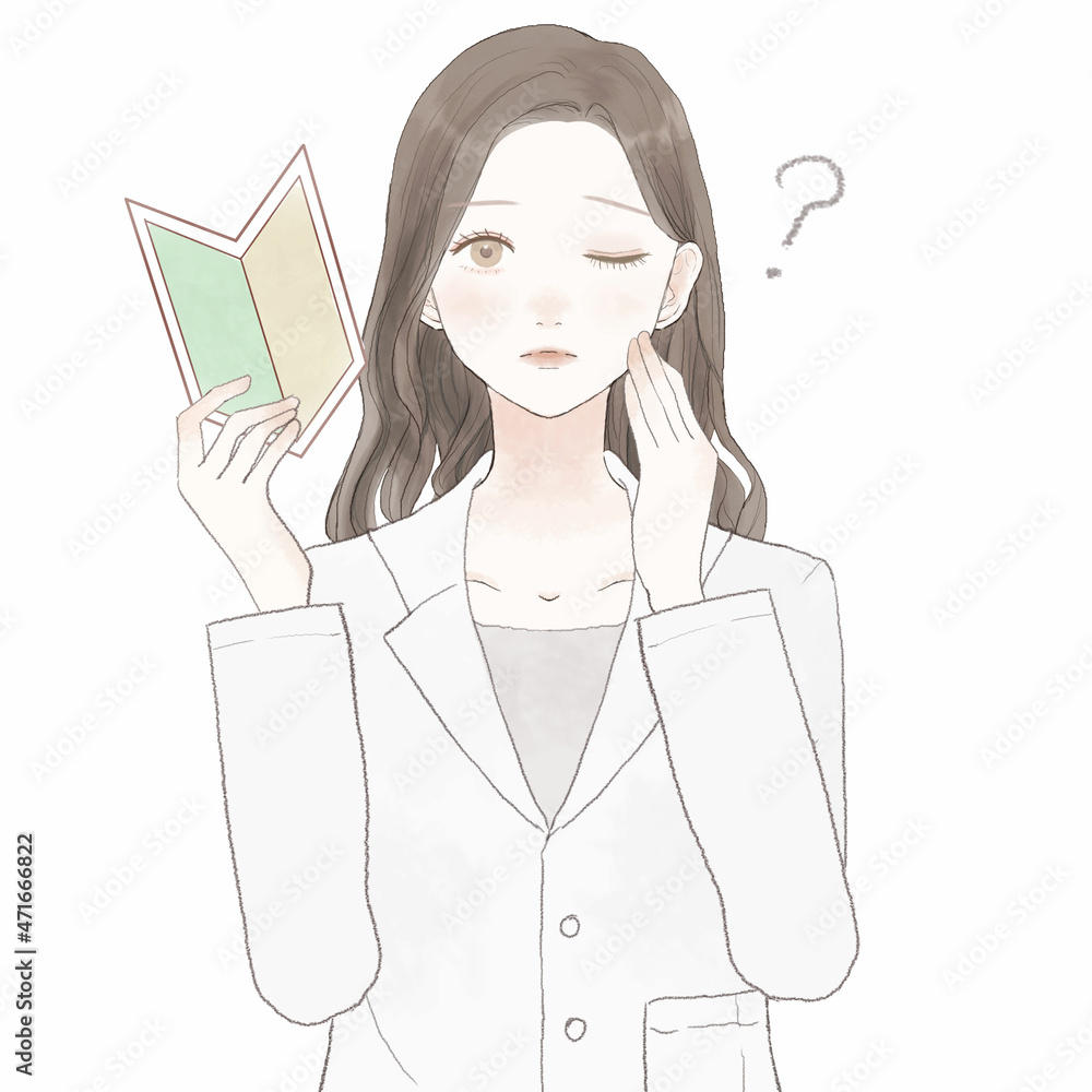 初心者マークを持つ、疑問を持つ女性医師