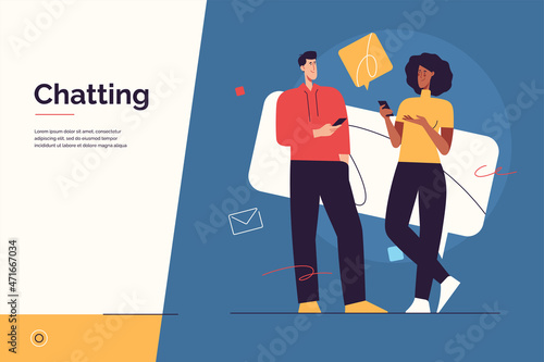 Vector illustration depicting a young couple chatting using mobile phones. Editable stroke
