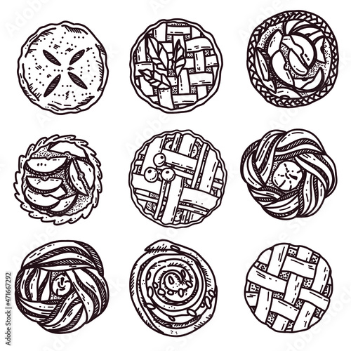 Collection of sweets and pastries. Cute sweet pies. Ink sketch set isolated on white background. Hand drawn vector illustration.