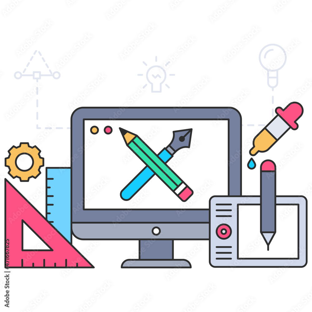 Art brush and pencil inside monitor, illustration of design tools Art brush and pencil inside monitor, illustration of design tools
