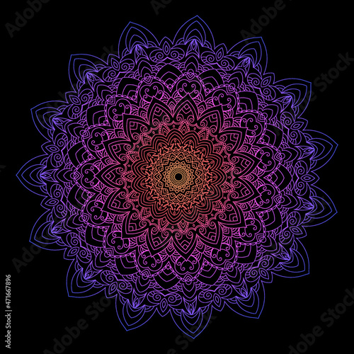 Hippie goa trance psychedelic colorful zentangle inspired mandala illustration with tribal boho chic ornaments. Oriental ornamental background.
