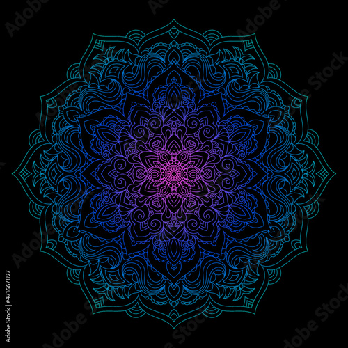 Hippie goa trance psychedelic colorful zentangle inspired mandala illustration with tribal boho chic ornaments. Oriental ornamental background.