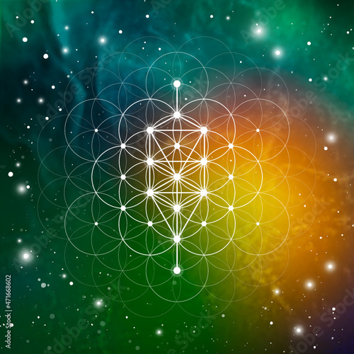 Sacred geometry tree of life ancient symbol vector illustration with golden ratio numbers, flower of life interlocking circles and particles in front of outer space background. 