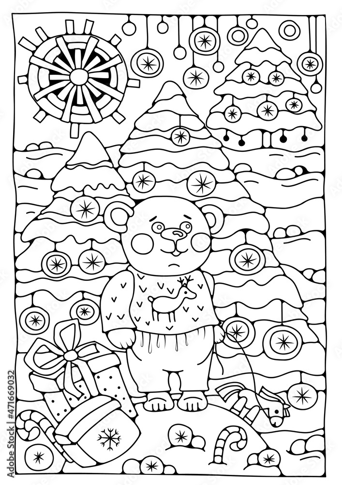 Christmas and New Year coloring book page. Cartoon bear in the New Year forest with trees and gifts. Page for coloring. Art therapy.