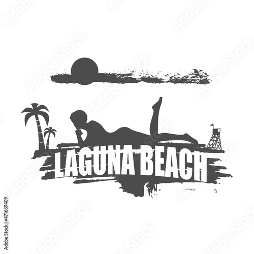 Young woman sunbathing on a beach. Palm and lifeguard tower and Laguna Beach text