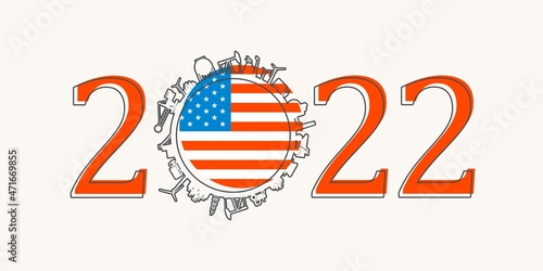 2022 year number with industrial icons around zero digit. Flag of USA.