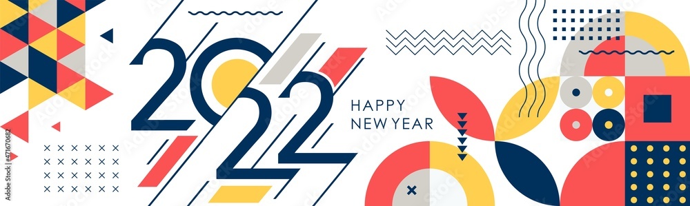 happy new year 2022 text design with modern geometric abstract background in retro style. Greeting card banner for 2022 calligraphy includes colorful yellow blue red shapes. Vector illustration	
