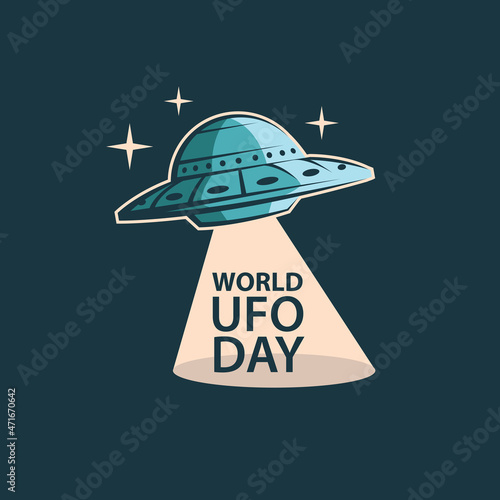 banner of UFO space ship world day and stars isolated on dark background