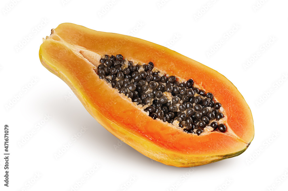 Single half ripe papaya rotated isolated on white Single half ripe papaya rotated isolated on white